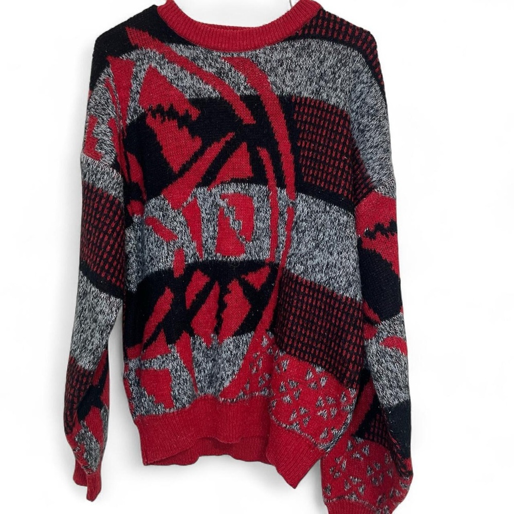 Bold Red and Black Patterned Crewneck Sweater